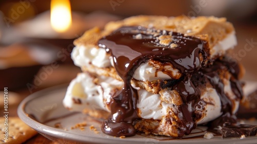 A closeup of a gooey and decadent smore where the melted chocolate is oozing out of the sides and dripping onto the fingertips.