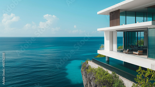 A white modern mansion with large glass windows overlooking the ocean in Bali, on top of cliff, wide shot, blue sky, blue sea, green plants