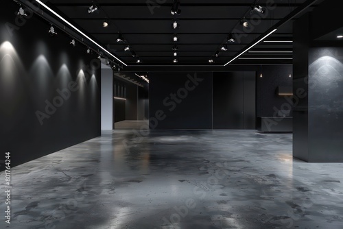 retail shop, concrete color floor, empty shop, black wall and ceiling