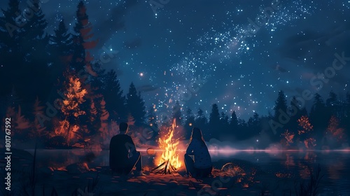 Couple Camping by Crackling Campfire Under Starry Night Sky in Serene Forest Landscape