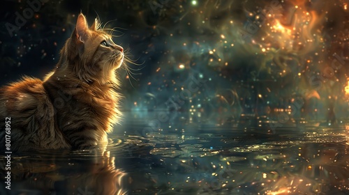 The Angel Wing Fusion Cat found peace as it stared into a magical pool, its image blending with the twinkling stars above, creating a serene moment.
