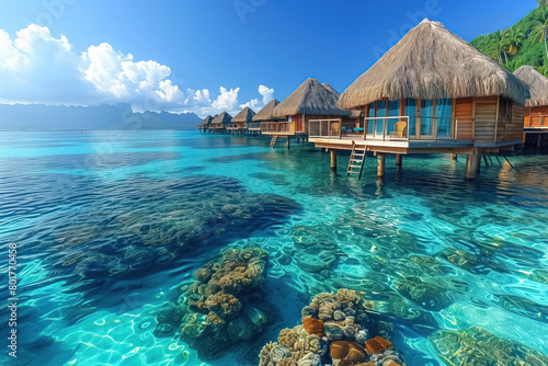 Wooden pier with thatched bungalows overlooks an azure lagoon at Bora Bora AI Generative