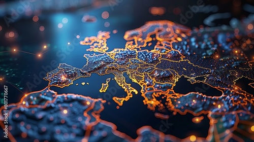 Map of Europe in the digital realm showcasing the vast network connectivity, rapid data transfer, and advanced cyber technology for seamless information exchange and telecommunication.
