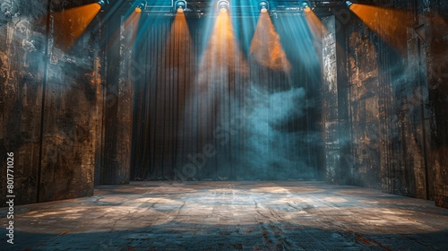 Theatre Stage, A dramatic scene on a theatrical stage, actors performing under bright spotlights, captivating the audience.