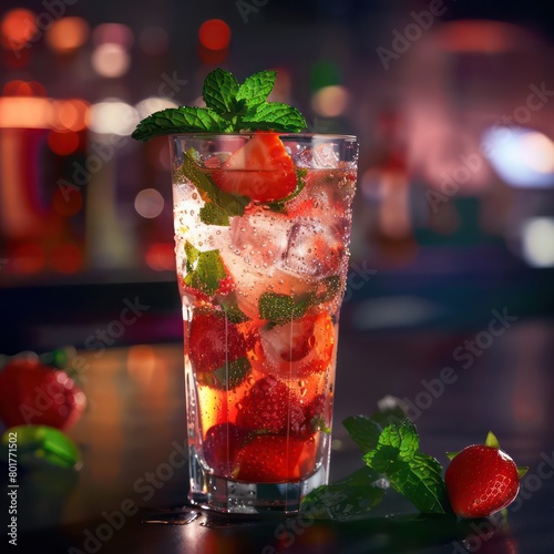 strawberry mojito drink, mint leaves on a bar counter