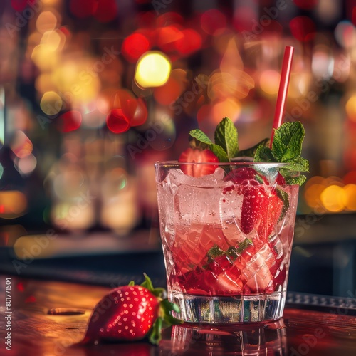 strawberry mojito drink, mint leaves on a bar counter