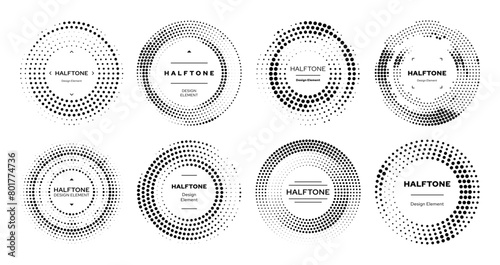 Circle half tone or round dots halftone elements with pattern background, abstract vector. Halftone circles for graphic design elements with black dots in geometric half tone gradation or round frames