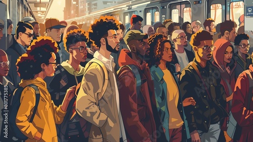 illustration of people queuing to get on the train