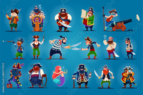 Cartoon pirate captain, mermaid and corsair sailor characters set. Cute pirates, buccaneers and filibusters, funny men and women personages with black hats, eye patches, swords and guns, hook and map