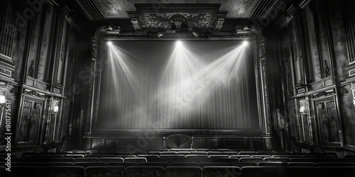 Dark movie theatre interior screen and chairs