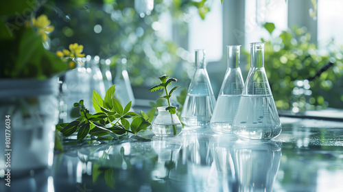 Laboratory glassware on a table surrounded by green plants in sunlight