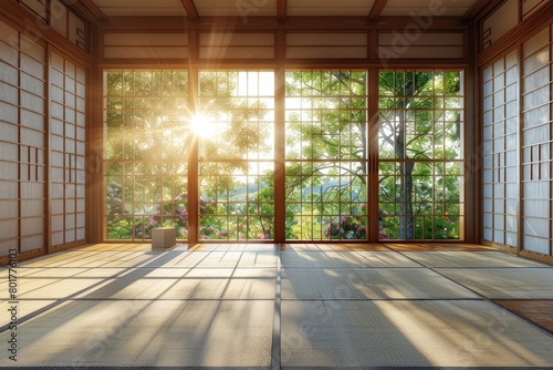 Empty traditional japanese room with tatami mat floor, wood shoji window in sunlight for east asian interior design decoration