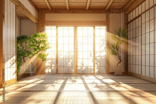 Empty traditional japanese room with tatami mat floor, wood shoji window in sunlight for east asian interior design decoration