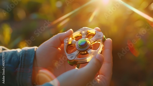 A child's hand holding a spinning fidget spinner toy