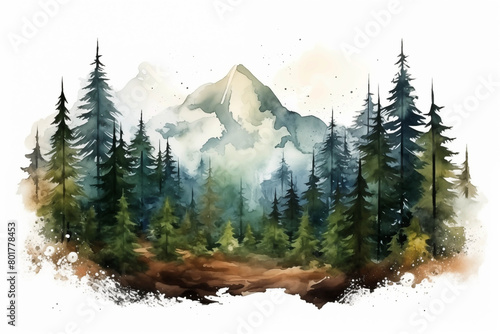 Mountain landscape with pine forest in watercolour technique