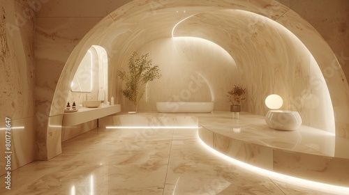 Sleek minimalist bathroom interior with artistic arched marble walls for a stylish look.