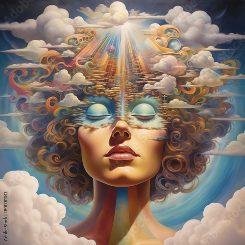Bring your vision to life with a surrealistic twist! Show depth and mystery with an eye-level angle of a figure made of clouds, merging dreams and reality Incorporate concepts of subconscious thoughts