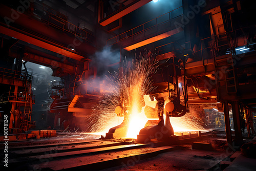 Industrial workers working in metallurgical plant at night time.