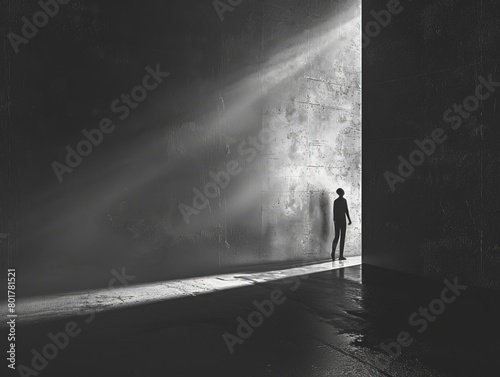 A black and white photo of a lone figure standing in a doorway, with a stark contrast between light and shadow and a grainy background 