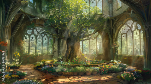A magical tree growing inside of a tower, surrounded by beds of flowers and herbs akin to a medieval greenhouse.