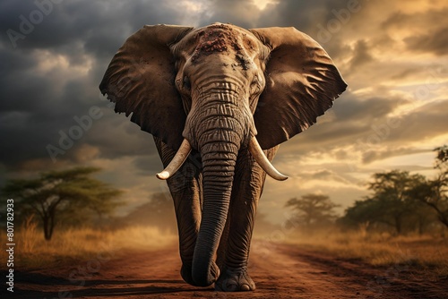 A majestic elephant, with its large ears and powerful body, walking along the savannah road under a cloudy sky. Generative AI