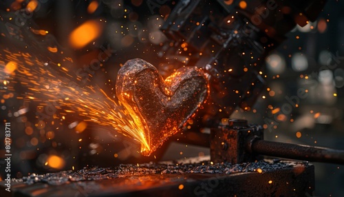 A detailed photo of a blacksmith hammering a heartshaped piece of metal on an anvil, sparks flying as flames lick the metal 