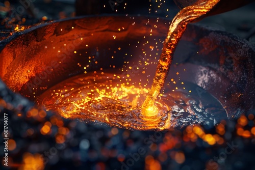 A dramatic highangle shot of a vat of molten metallic colors being poured together, sparks flying as they combine 