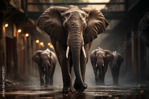A majestic elephant leading an herd of elephants, standing in the middle of an urban street with wooden buildings and lights. generative AI