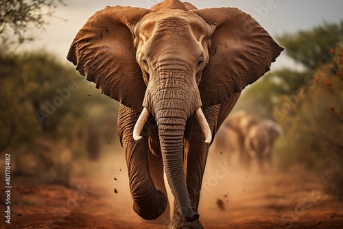 Close up of an elephant running towards the camera, dust in the air, African savannah background, sunset lighting. Generative AI