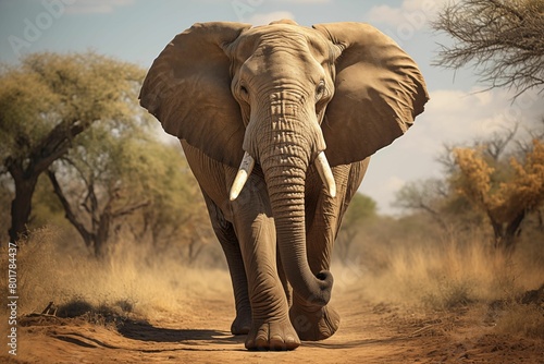 A majestic elephant, with its large ears and powerful body, Walking along the savannah path. Generative AI