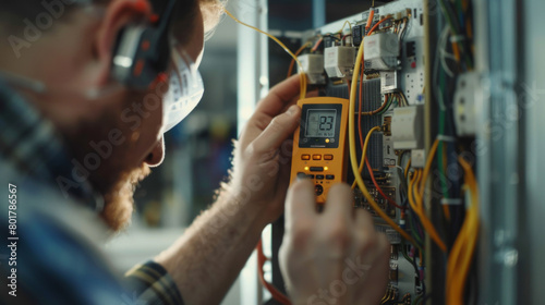 A technician uses a multimeter to measure electrical outputs in a technical facility, ensuring systems operate within safe parameters.