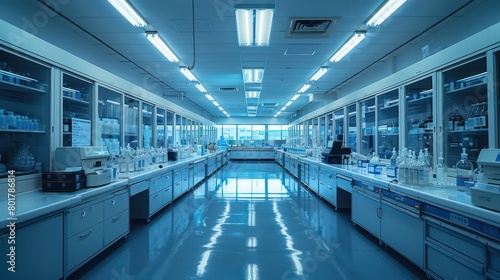 pharmaceutical quality control laboratory, overhead lighting, scientists in lab coats