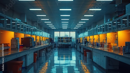 pharmaceutical quality control laboratory, overhead lighting, scientists in lab coats