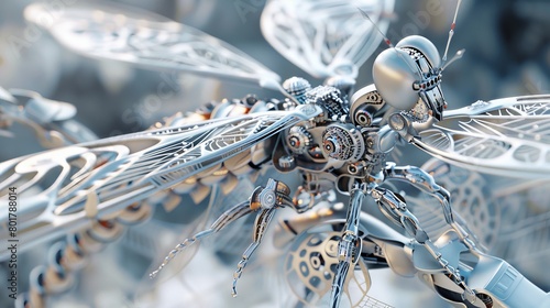 An incredibly detailed closeup of a robotic dragonfly, its metallic wings unfolding in perfect symmetry, revealing intricate technological veins 