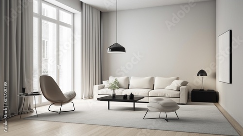 This living room captures the essence of modern minimalism, using subtle, calming rhythms in its layout and decor