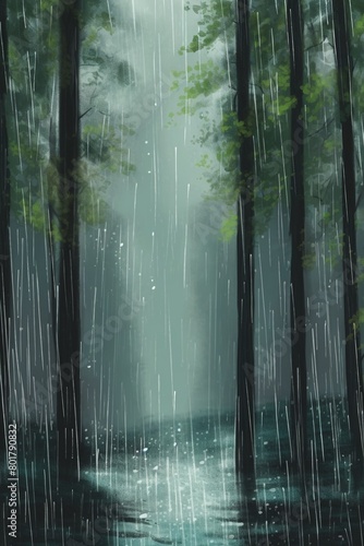 Artistic rendering of gentle rain in a forest, portrayed in a modern style that emphasizes the soothing rhythms