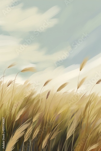 Artistic rendering of winds calming rhythms in a wheat field, illustrated with a clean, modern aesthetic