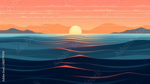 The serene rhythms of ocean waves at sunset are beautifully captured in this sleek, modern illustration