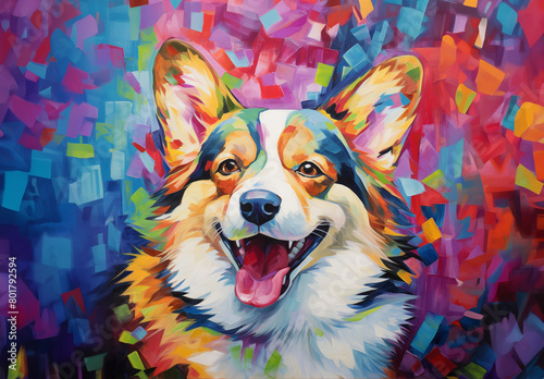 Oil painting of the head of a tri color corgi with its tongue sticking out panting on a colorful and vibrant abstract background.