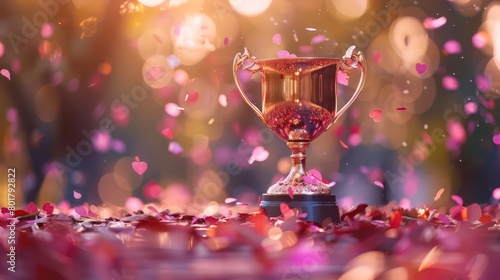 golden trophy cup with confetti on bokeh background