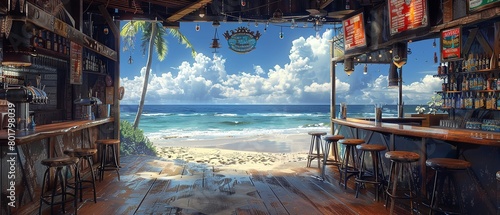 With a thatched roof and bar counter, this lovely and vacant outdoor summer beach tavern is based over the seashore adorned with things and space, Generative AI.