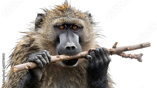 baboon with stick in his mouth isolated on transparent background