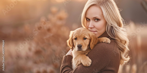 beautiful blonde woman holding her golden retriever puppy, generative AI