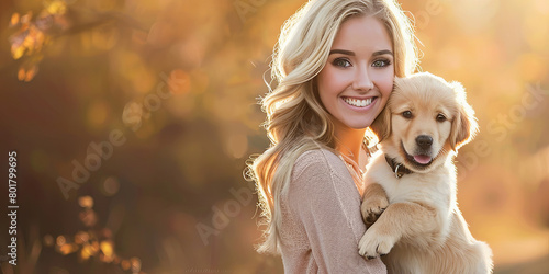beautiful blonde woman holding her golden retriever puppy, generative AI