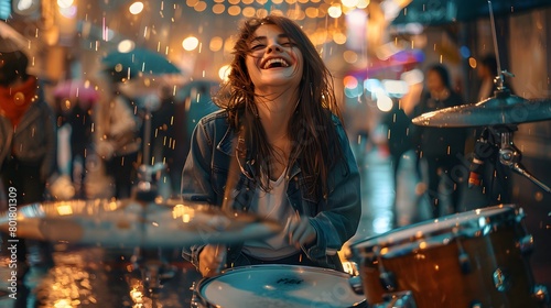 Young woman happily plays the drum set in the rain It convey that even though the activity go against her appearance, she is still able to have fun with it. Suitable for phrase "The show must go on."