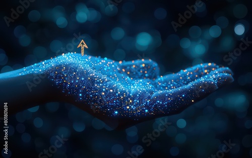abstract digital businessman hand holding rising arrows in futuristic style