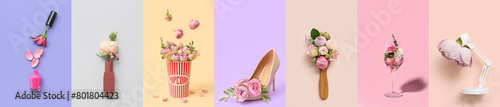 Collage of different items with rose flowers on color background