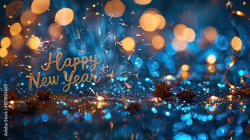 happy new year lights and fireworks, in the dark blue night, party firework holiday festive celebration background
