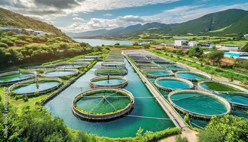 Aquaculture Farm modern aquaculture farm with rows of fish tanks or ponds, surrounded by lush greenery, highlighting sustainable fish farming practices