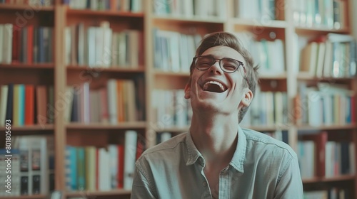 Man in Glasses Laugh with in Library Office Home - Businessman Male Have Fun at Workplace 
